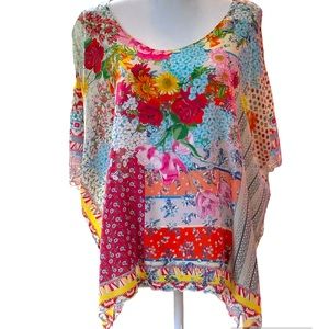 Johnny Was Silk top  XL Beautiful flower print short sleeve
